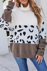 Casual Leopard Split Joint Contrast Turtleneck Tops Florcoo