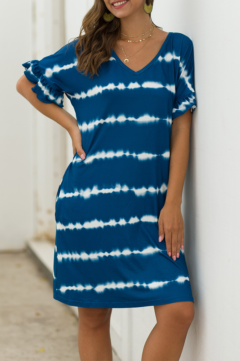 Print Split Joint V Neck Straight Dresses Ins Street