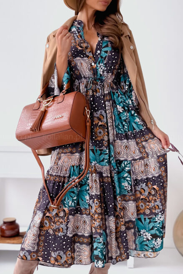 Print Buckle Flounce Mandarin Collar Dresses Ins Street