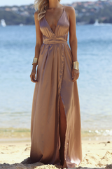 Elegant Solid Frenulum Backless Slit V Neck Evening Dress Dresses Ins Street