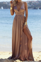 Elegant Solid Frenulum Backless Slit V Neck Evening Dress Dresses Ins Street