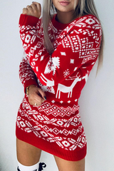 Casual Geometric Christmas Tree Printed Contrast O Neck Dresses Sweater Florcoo
