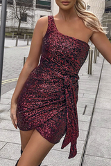 Patchwork Strap Design Sequins One Shoulder Wrapped Skirt Dresses Ins Street