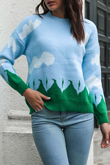 Casual Patchwork Basic Contrast O Neck Tops Sweater Florcoo