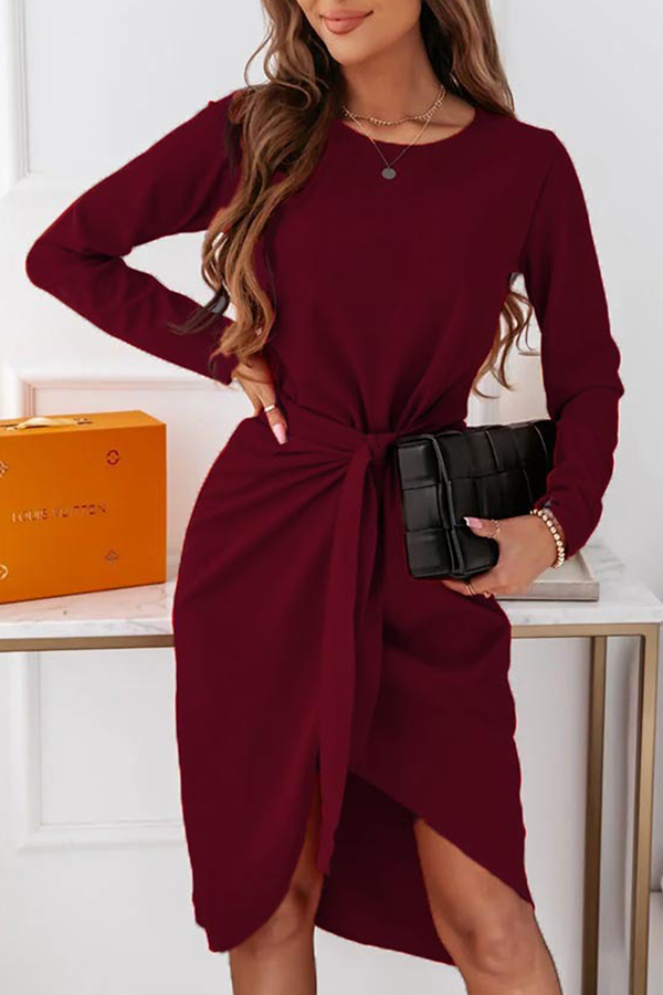 Elegant Solid With Belt O Neck Long Sleeve Dresses£¨3 colors£© Ins Street