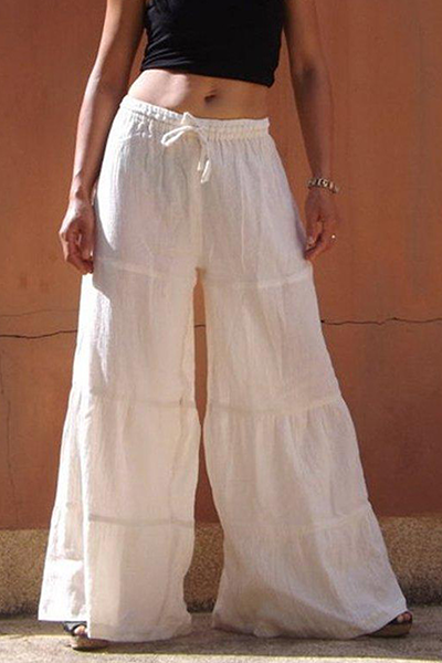 Casual Solid Patchwork Frenulum Loose Wide Leg Patchwork Bottoms(4 Colors) Casual Solid Patchwork Frenulum Loose Wide Leg Patchwork Bottoms(4 Colors)