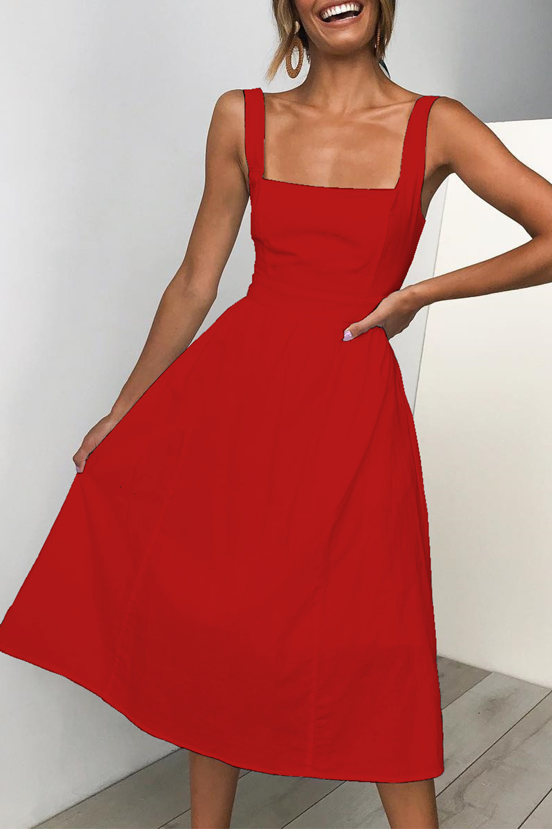 Solid Split Joint Square Collar Cake Skirt Dresses Ins Street