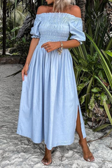 Solid Split Joint Off the Shoulder Waist Skirt Dresses Ins Street