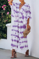 Print Split Joint V Neck Waist Skirt Dresses Ins Street