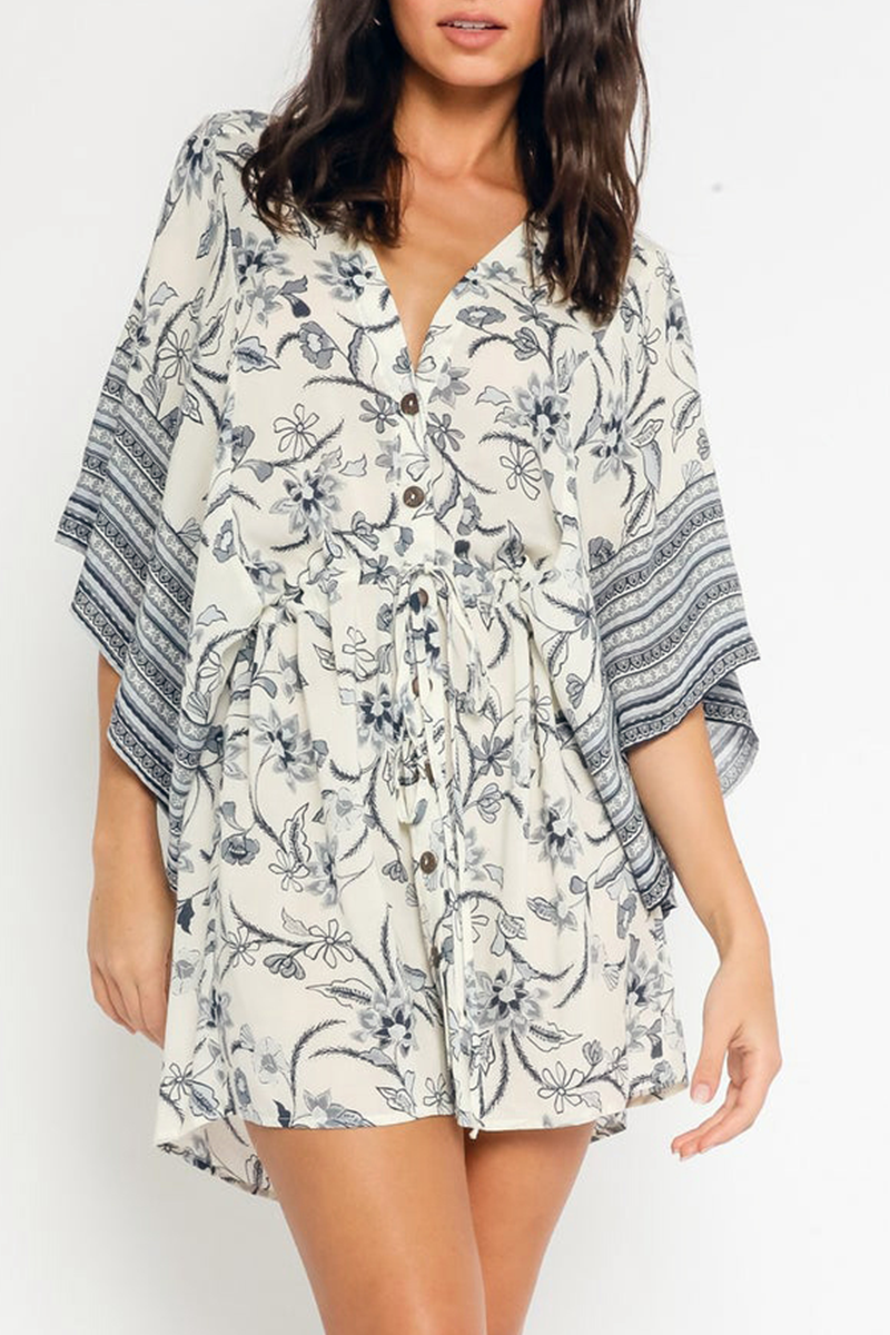 Print Split Joint V Neck Cake Skirt Dresses Ins Street