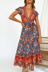 Print Split Joint V Neck Waist Skirt Dresses Ins Street