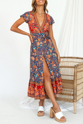 Print Split Joint V Neck Waist Skirt Dresses Ins Street