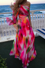 Patchwork Tie-dye One Shoulder Waist Skirt Dresses Ins Street