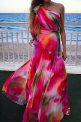 Patchwork Tie-dye One Shoulder Waist Skirt Dresses Ins Street