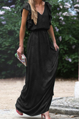 Solid Flounce V Neck Waist Skirt Dresses Ins Street