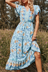 Print Split Joint V Neck Cake Skirt Dresses Ins Street