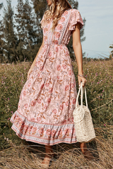 Print Split Joint V Neck Cake Skirt Dresses Ins Street