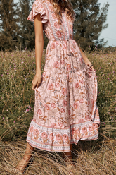 Print Split Joint V Neck Cake Skirt Dresses Ins Street