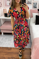 Print Flounce V Neck Cake Skirt Dresses Ins Street