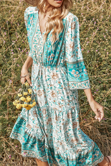 Print Split Joint V Neck Cake Skirt Dresses Ins Street