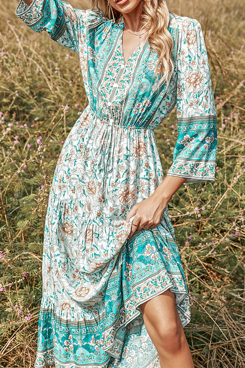 Print Split Joint V Neck Cake Skirt Dresses Ins Street