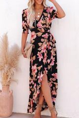 Print Split Joint V Neck Waist Skirt Dresses Ins Street