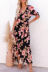 Print Split Joint V Neck Waist Skirt Dresses Ins Street