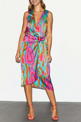 Print Split Joint V Neck Waist Skirt Dresses Ins Street