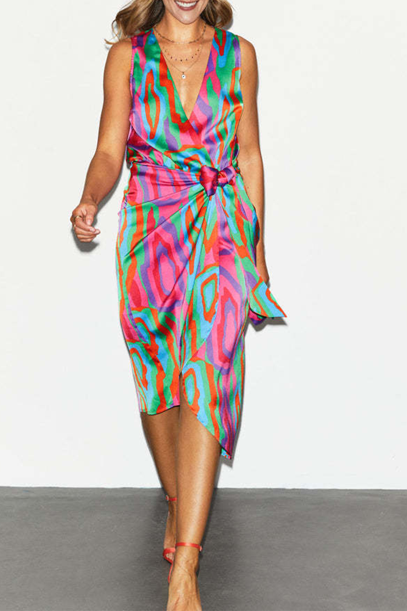 Print Split Joint V Neck Waist Skirt Dresses Ins Street