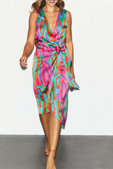 Print Split Joint V Neck Waist Skirt Dresses Ins Street