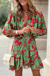 Print Split Joint V Neck Waist Skirt Dresses Ins Street