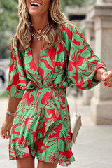 Print Split Joint V Neck Waist Skirt Dresses Ins Street