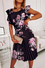 Print Flounce O Neck Cake Skirt Dresses(3 colors) Ins Street