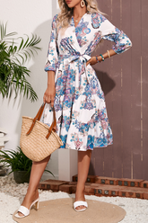 Print Patchwork V Neck Waist Skirt Dresses Ins Street