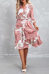 Print Patchwork V Neck Waist Skirt Dresses Ins Street