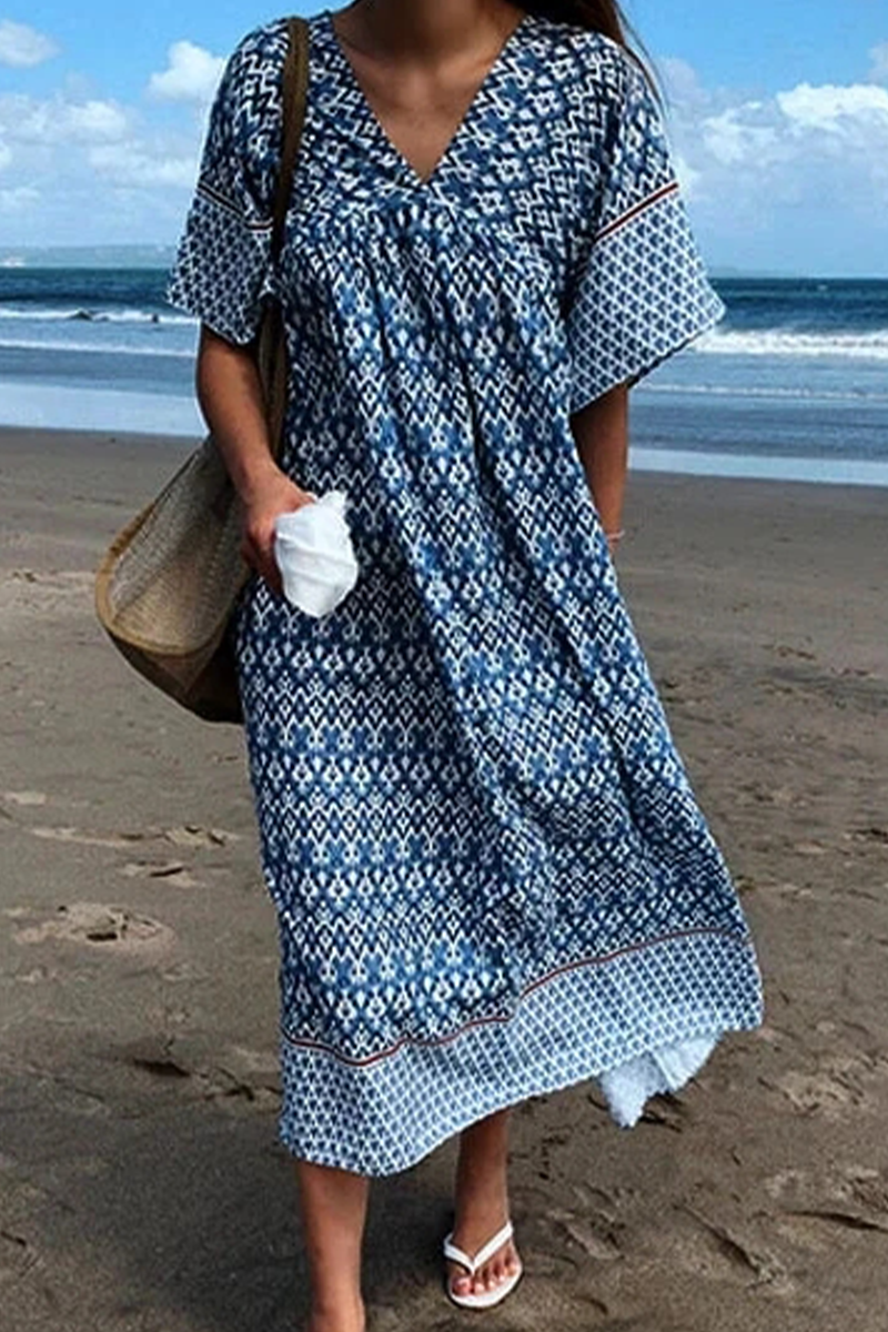 Print Patchwork V Neck Straight Dresses Ins Street