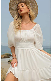 Satin A-line Puff Sleeve Dress Ins street