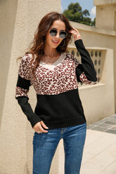 Leopard Color Block V-Neck Knit Pullover Ins Street