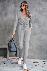 Drawstring Waist Surplice Long Sleeve Jumpsuit Ins Street