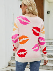 Lip Print V-Neck Knit Top Ins Street