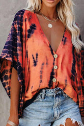 Orange Tie-Dye Print Batwing Sleeve Blouse Ins street