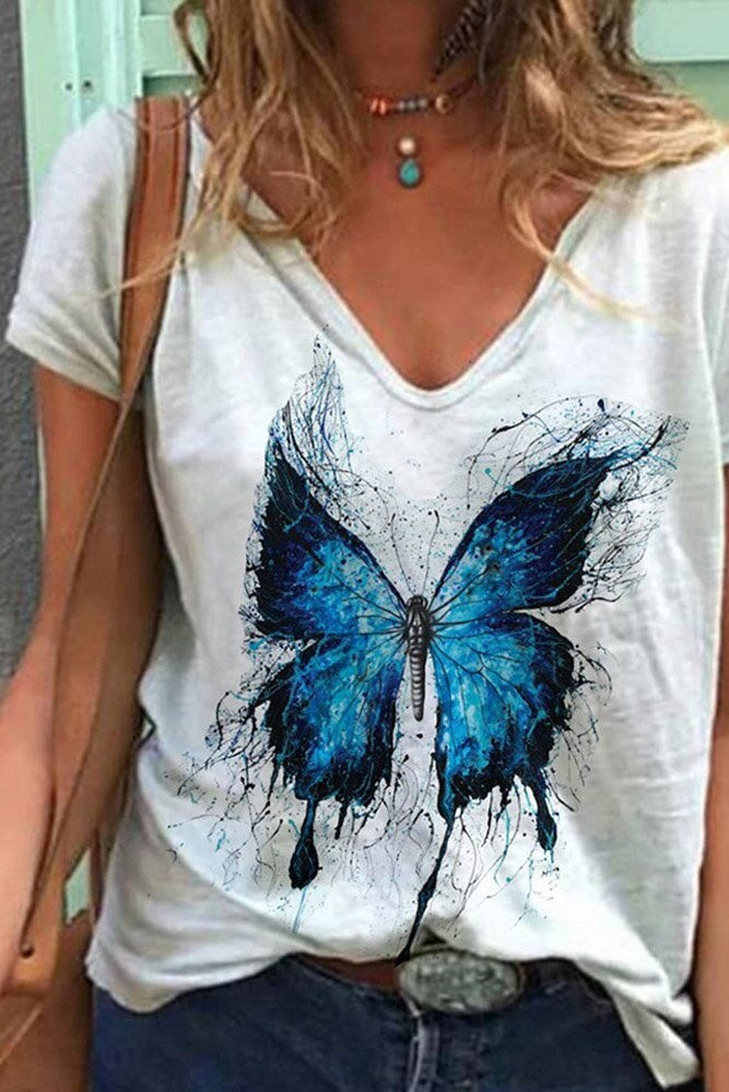 V-Neck Butterfly Print T-Shirt Ins street