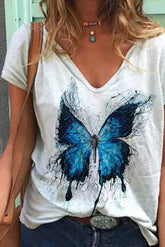 V-Neck Butterfly Print T-Shirt Ins street