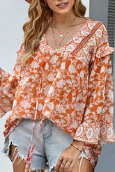 Floral V-Neck Patchwork Nine Points Sleeve Tunic Ins street