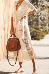 Half Sleeve V-Neck Patchwork Mid-Calf Plain Women's Dress Ins street