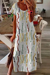 Short Sleeve Ankle-Length Scoop Split Mid Waist Women's Dress Ins street