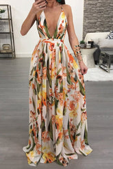 Backless Sleeveless V-Neck Floor-Length Color Block Women's Dress Ins street