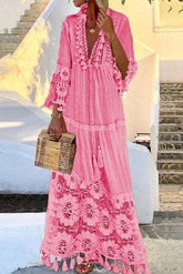 V-Neck Patchwork Floor-Length Nine Points Sleeve Summer Women's Dress Ins street