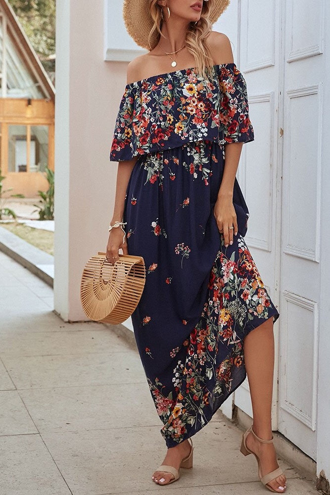 Half Sleeve Patchwork Off Shoulder Floor-Length Spring Women's Dress Ins street