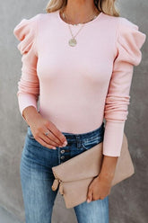 Pink Fall Retro Ruched Puff Sleeve Knitted T-Shirt Ins street